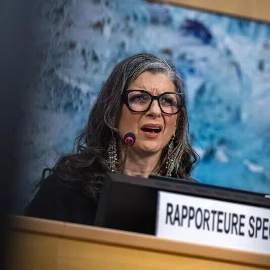UN special rapporteur on the occupied Palestinian territories Francesca Albanese presenting her latest report before delegates at the UN Rights Council in Geneva.