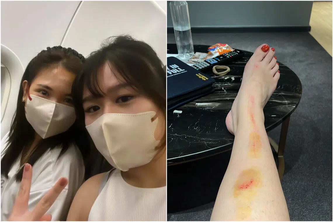 Ms Amanda Tay (left) and Ms Vanessa Han were on a five-day vacation in Bangkok. Ms Han fell during the chaos at Siam Paragon mall and had minor abrasions on her right leg.