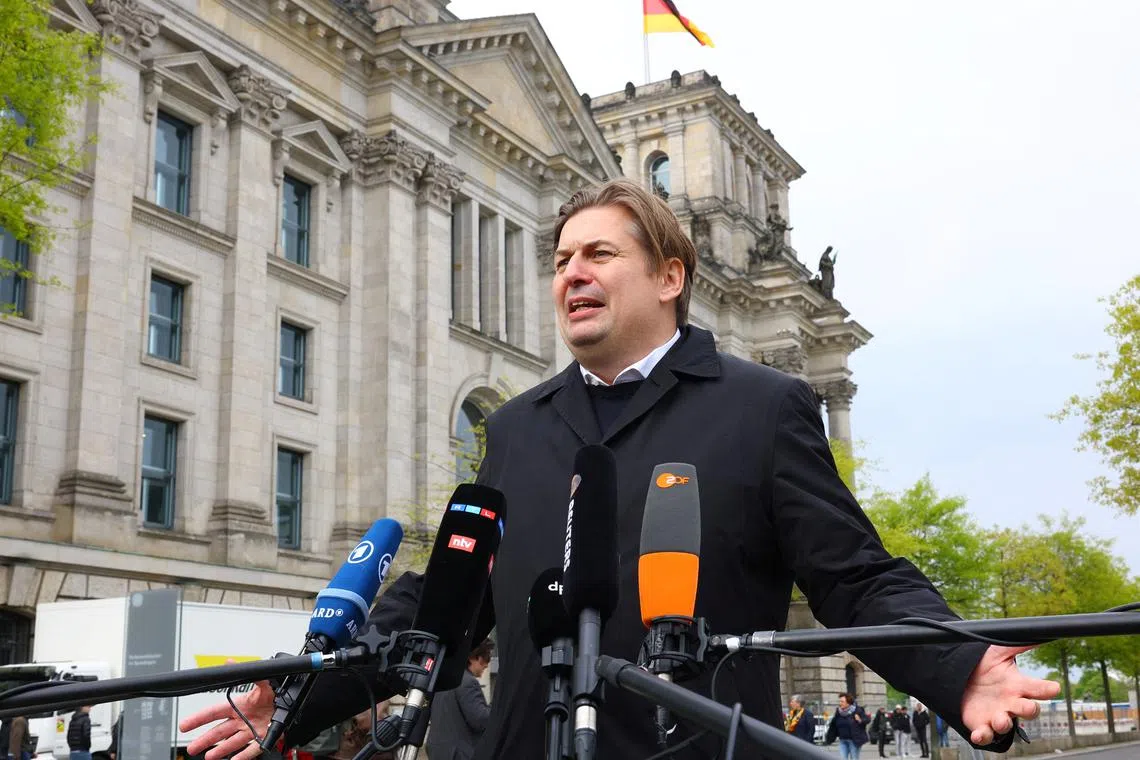Maximilian Krah, member of the European Parliament for the far-right Alternative for Germany and AfD's top candidate in June's election to the assembly, gives a statement, after an aide has been arrested in Germany on suspicion of \"especially severe\" espionage for China, in Berlin, Germany, April 24, 2024.