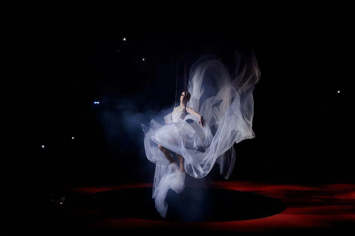 An acrobat performing during the Stephane Rolland Women's Haute Couture Spring/Summer 2026 collection fashion show as part of the Paris Haute Couture Fashion Week, in Paris, France on Jan 27, 2026. 