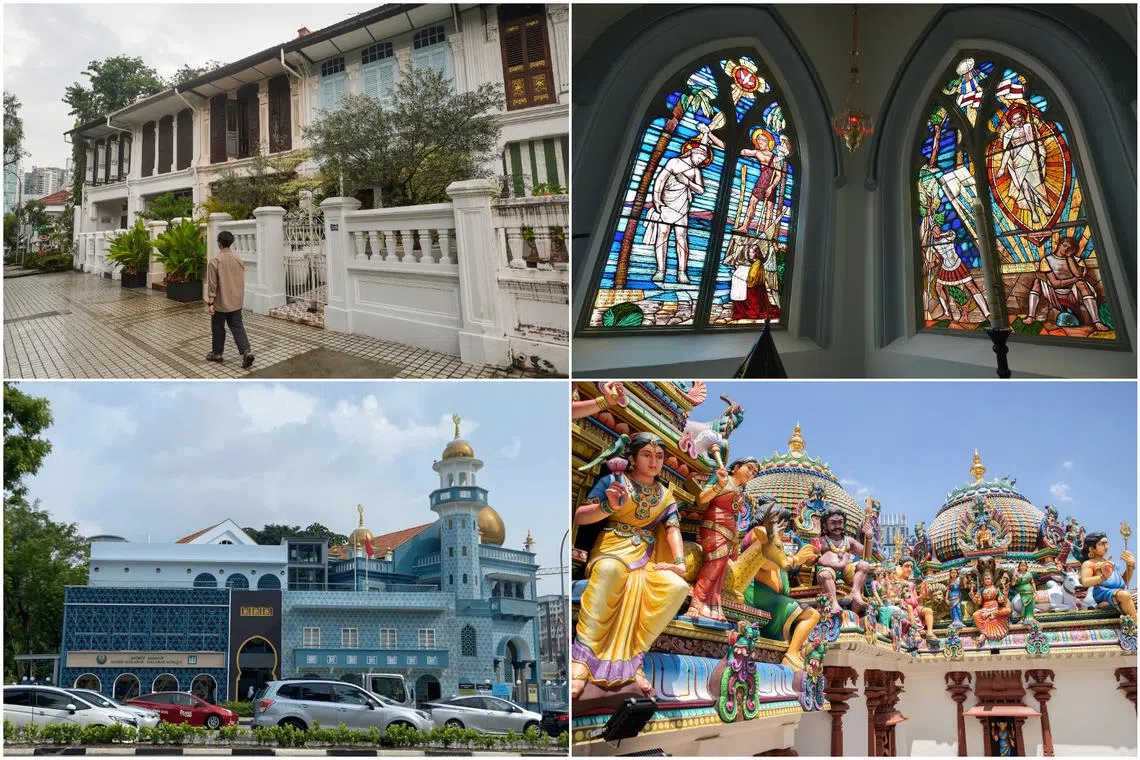 (Clockwise from top left) 59 Emerald Hill Road, St Joseph’s Church (Victoria Street), Sri Mariamman Temple and Malabar Mosque.