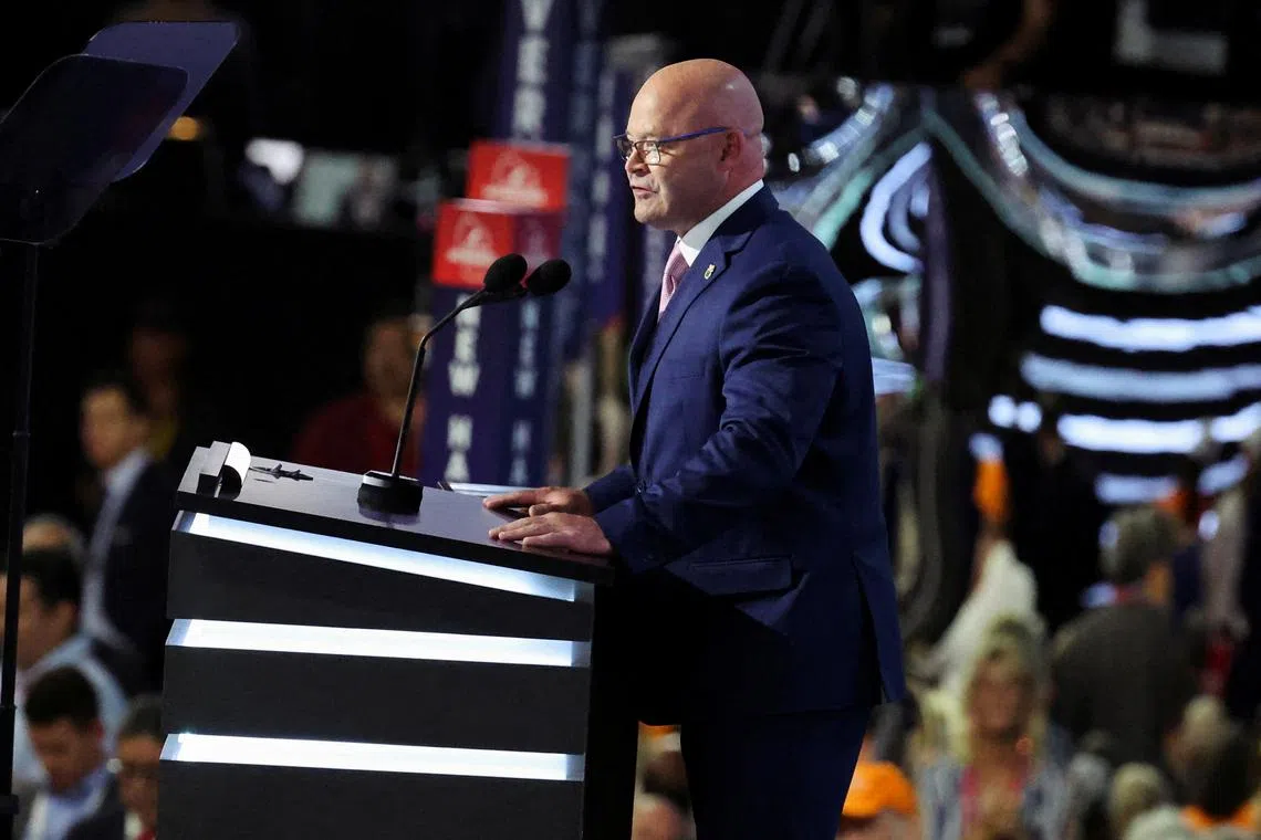 FILE PHOTO: Sean M. O'Brien,General President of the International Brotherhood of Teamsters, speaks during Day 1 of the Republican National Convention (RNC) at the Fiserv Forum in Milwaukee, Wisconsin, U.S., July 15, 2024. REUTERS/Jeenah Moon/File Photo