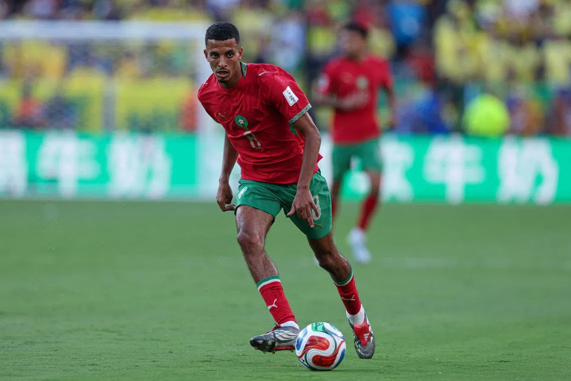 Jun 13, 2026; East Rutherford, New Jersey, USA; Morocco midfielder Azzedine Ounahi (8) controls the ball against Brazil during a Group C match of the 2026 FIFA World Cup at New York New Jersey Stadium. Mandatory Credit: Vincent Carchietta-Imagn Images