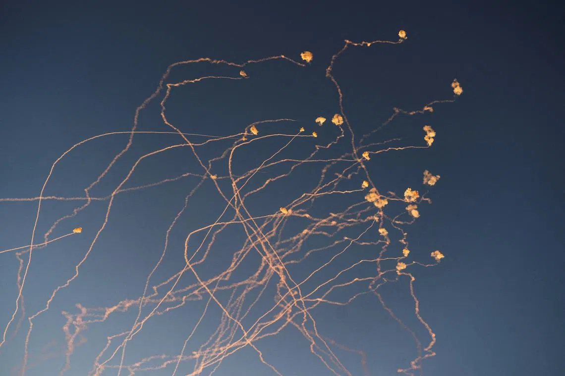 FILE PHOTO: Interceptions of rockets launched from Lebanon to Israel over the border, amid ongoing cross-border hostilities between Hezbollah and Israeli forces, close the Israeli border with Lebanon, on its Israel side June 27, 2024. REUTERS/Ayal Margolin/File Photo