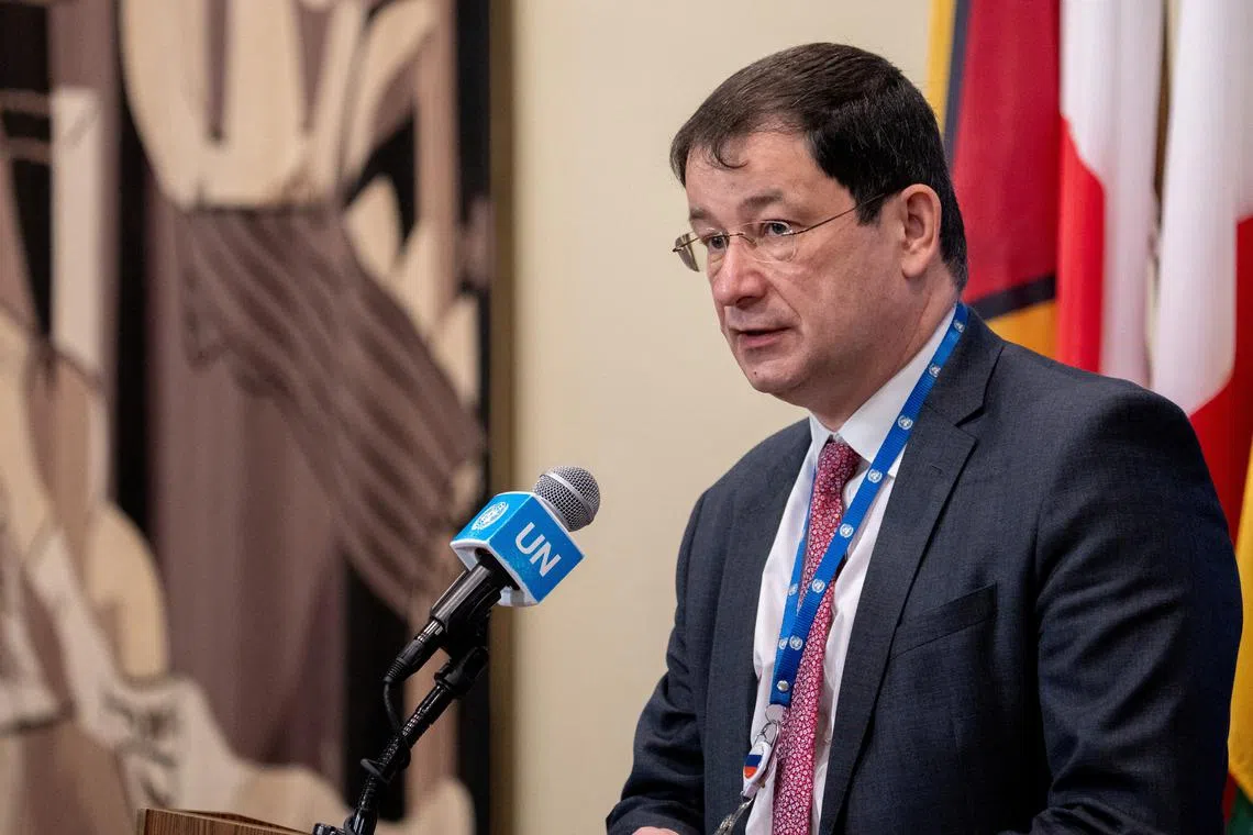 FILE PHOTO: Russia's First Deputy Permanent Representative to the United Nations (UN) Dmitry Polyanskiy speaks during a press encounter after a United Nations Security Council meeting addressing the continuing war between Russia and Ukraine at the U.N. headquarters in New York City, U.S., August 30, 2024. REUTERS/David 'Dee' Delgado/File Photo