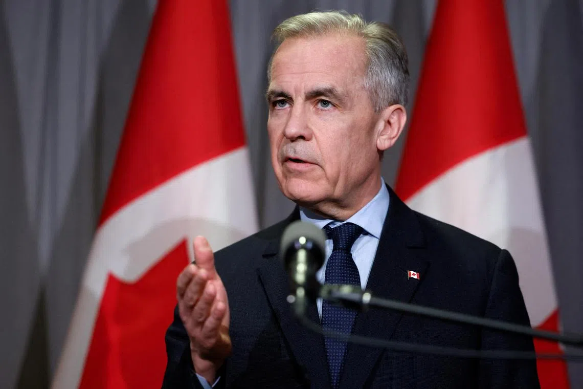 Canada's Prime Minister Mark Carney speaks in response to tariffs announced by US President Donald Trump, in Kitchener, Ontario, Canada. 