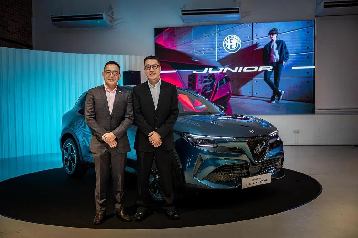 The Alfa Romeo Junior Elettrica at the media preview on April 10 with Mr Eric Khoo, Head of Market Development, Stellantis ASEAN (left), and Mr William Tan, General Manager, Red Rock & Rosso Motor