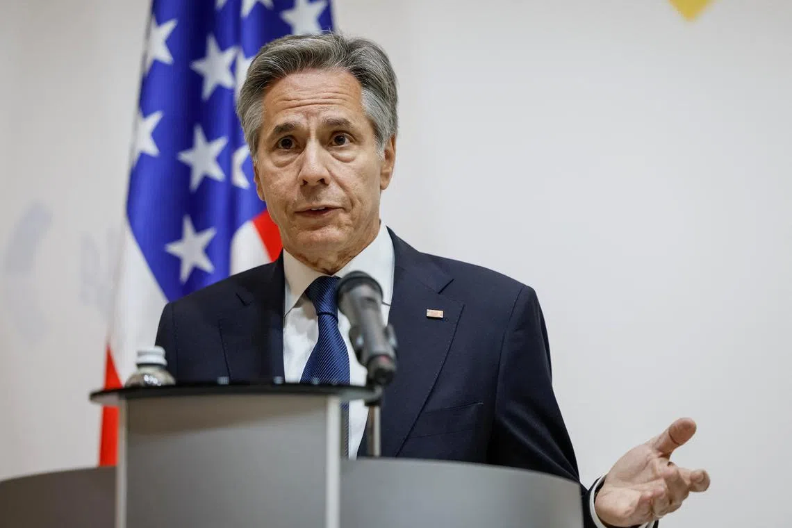 FILE PHOTO: U.S. Secretary of State Antony Blinken speaks during a joint press conference with Ukrainian Foreign Minister Dmytro Kuleba, amid Russia's attack on Ukraine, in Kyiv, Ukraine, May 15, 2024. REUTERS/Alina Smutko/File Photo