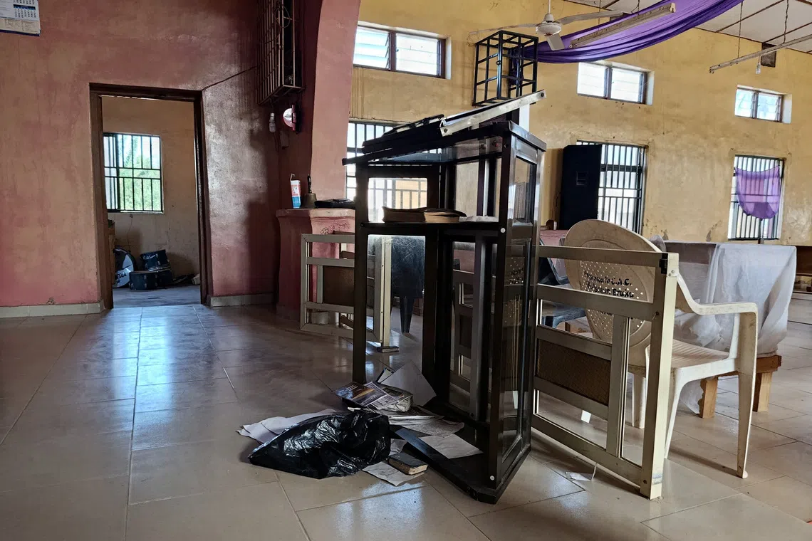 An interior view of the Christ Apostolic Church, the day after an attack by gunmen in which people were killed and the pastor and some worshippers kidnapped, in the town of Eruku, Kwara state, Nigeria, November 19, 2025.   REUTERS/Abdullahi Dare Akogun