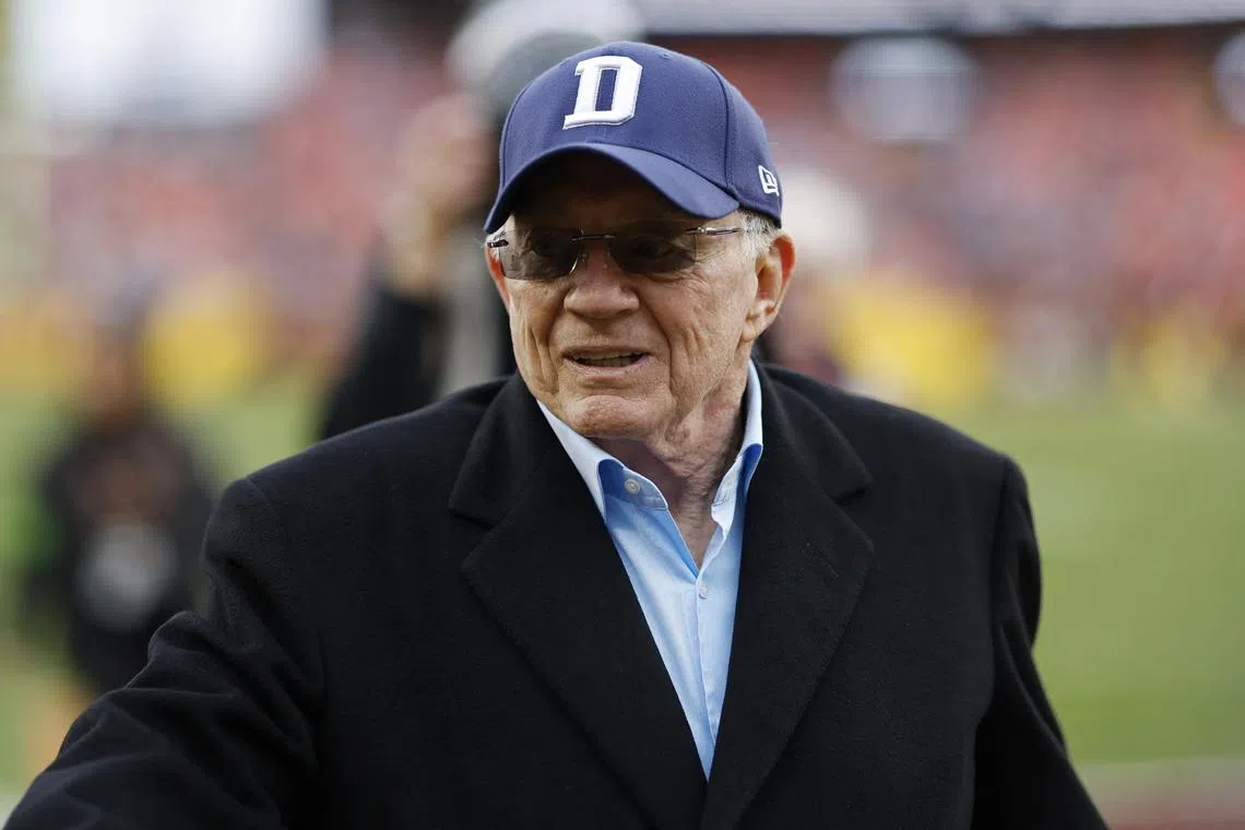 FILE PHOTO: Jan 7, 2024; Landover, Maryland, USA; Dallas Cowboys owner Jerry Jones walks off the field after warmups prior to the game against the Washington Commanders at FedExField. Mandatory Credit: Geoff Burke-USA TODAY Sports/File Photo