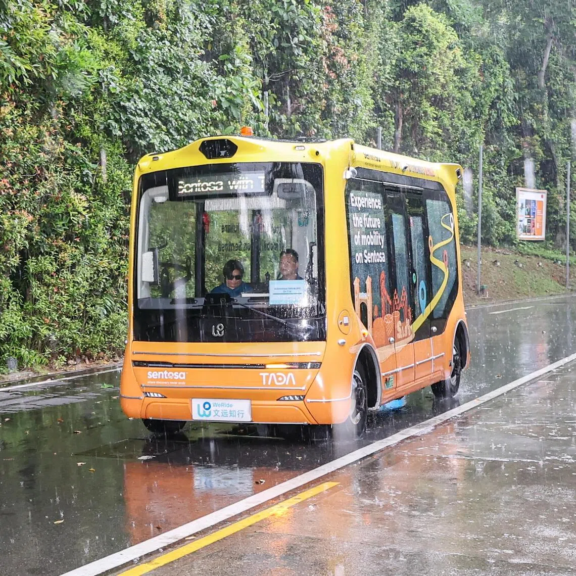 A preview of Sentosa’ss on-demand autonomous robobus service, developed with TADA Mobility (Singapore) Pte Ltd, along Siloso Beach Walk on Oct 29.
