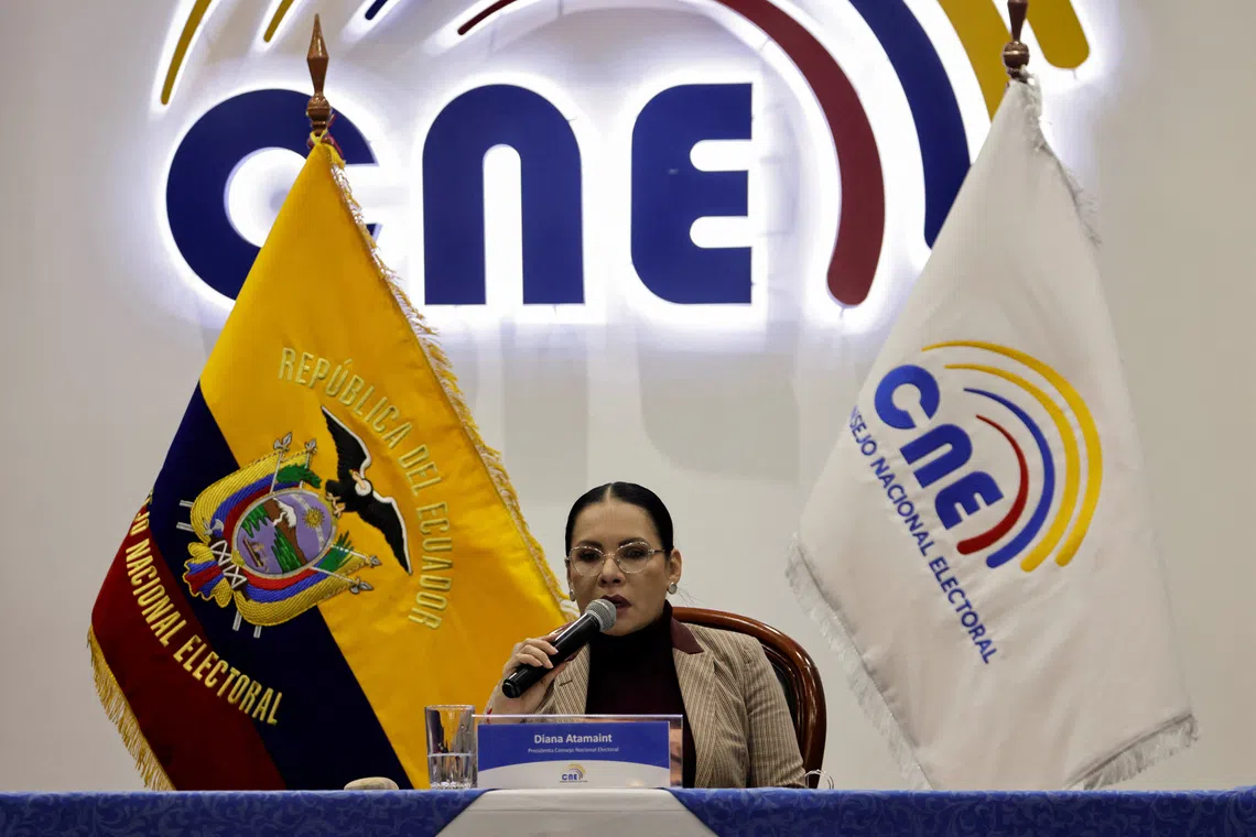 FILE PHOTO: Diana Atamaint, president of the National Electoral Council, speaks during a national public hearing of the presidential election, in Quito, Ecuador, April 19, 2025. REUTERS/Karen Toro/File Photo