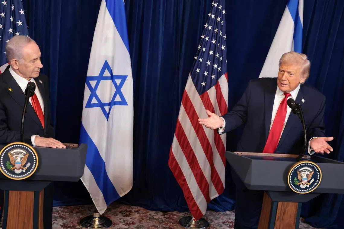 U.S. President Donald Trump and Israeli Prime Minister Benjamin Netanyahu hold a press conference after meeting at Trump’s Mar-a-Lago club in Palm Beach, Florida, U.S., December 29, 2025. REUTERS/Jonathan Ernst