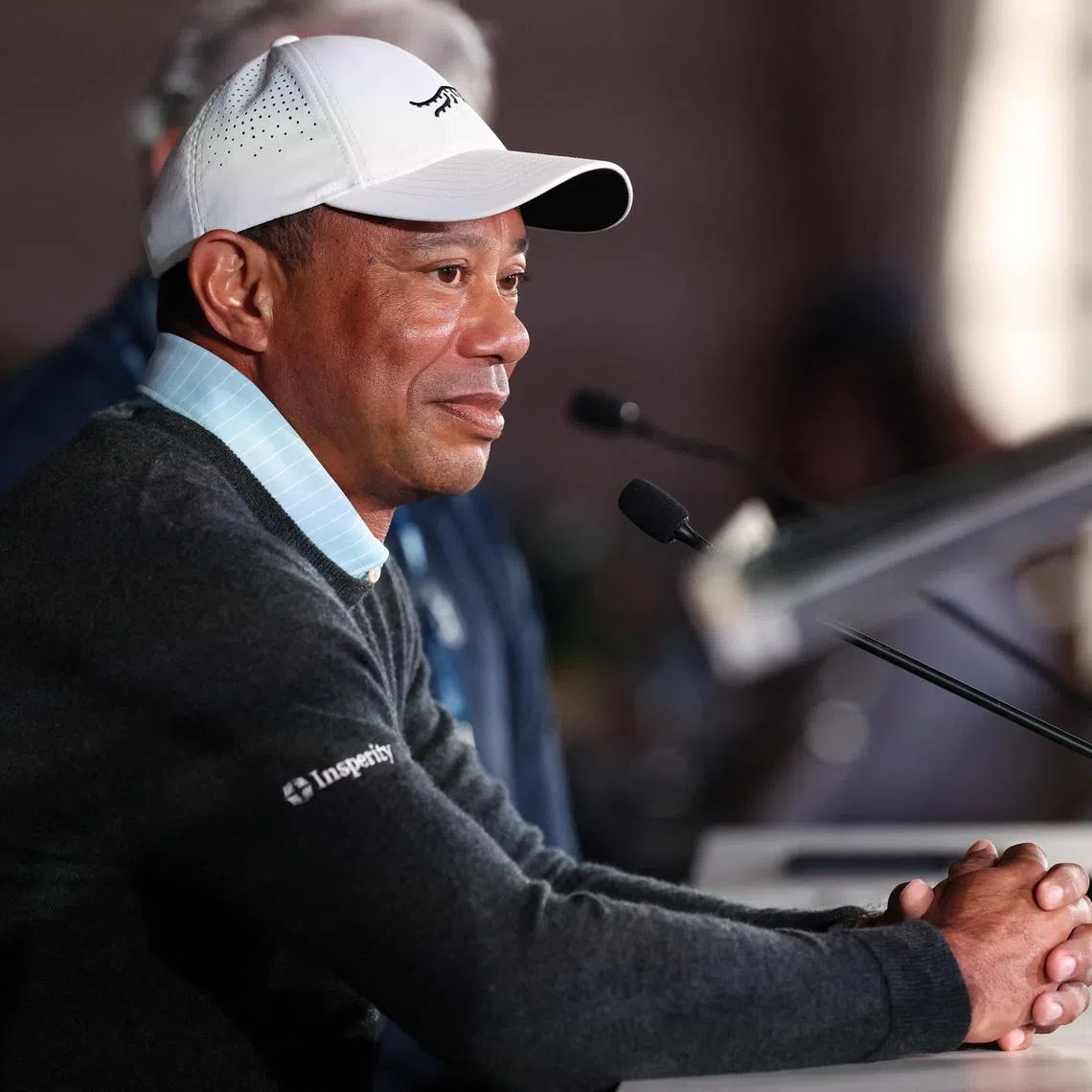 Feb 17, 2026; Pacific Palisades, CA, USA;  Genesis Invitational tournament host Tiger Woods speaks to the media during a press conference at Riviera Country Club. Kiyoshi Mio-Imagn Images