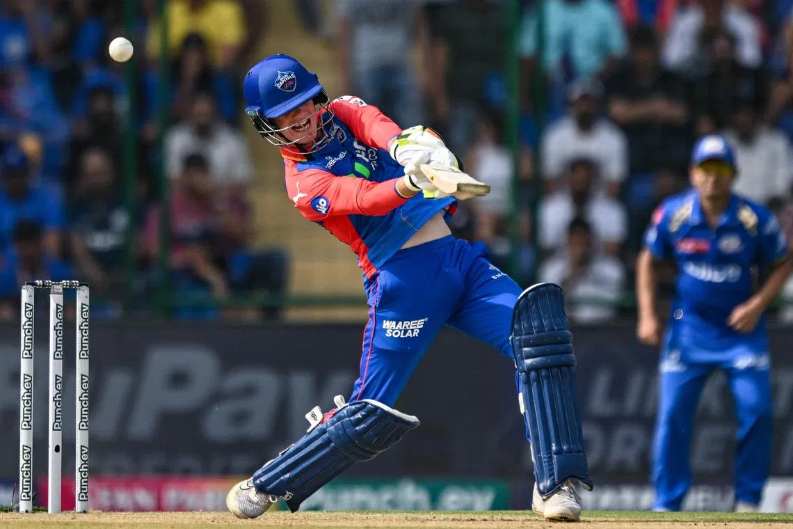 Delhi Capitals' Jake Fraser-McGurk playing a shot during the Indian Premier League Twenty20 cricket match against Mumbai Indians in New Delhi on April 27. 