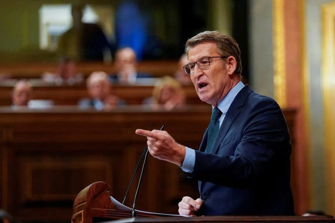FILE PHOTO: People's Party leader Alberto Nunez Feijoo speaks during a debate on the legislative proposal to grant amnesty to those involved in Catalonia's failed independence bid in 2017, in Madrid, Spain,  January 30, 2024. REUTERS/Ana Beltran/File Photo