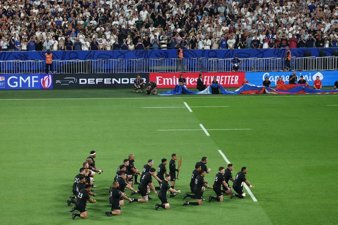 Rugby Union - Rugby World Cup 2023 - Pool A - France v New Zealand - Stade de France, Saint-Denis, France - September 8, 2023 New Zealand players perform the Haka before the match REUTERS/Stephanie Lecocq