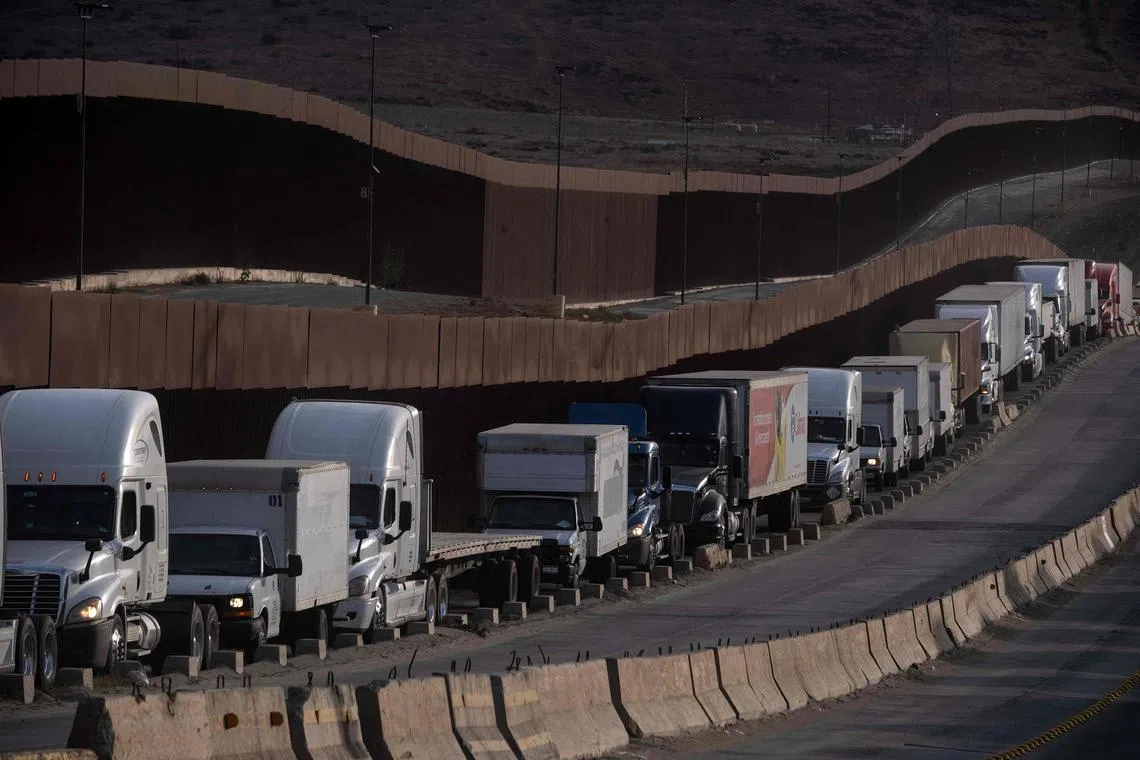 Trucks waiting to cross into the US at Otay commercial port in Tijuana, Mexico, on Jan 22. 