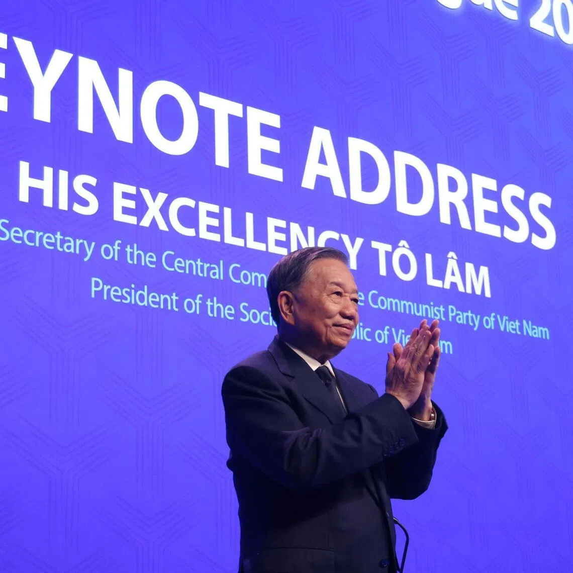 Vietnam President To Lam delivering the keynote address at the Shangri-La Dialogue on May 29. 