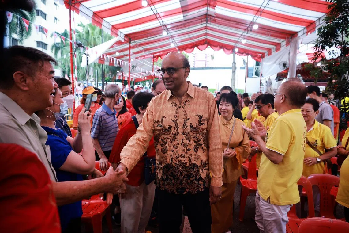 Mr Tharman Shanmugaratnam greeting devotees at the 5th Singapore Sheng Gong Cultural Festival, at Zhen Ren Gong Temple on July 9, 2023.
