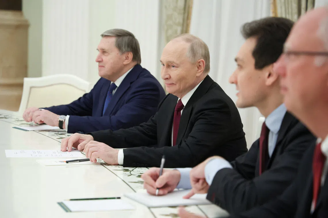 Russian President Vladimir Putin attended a meeting with US President Donald Trump's special envoy Steve Witkoff and son-in-law Jared Kushner in Moscow on Dec 2.