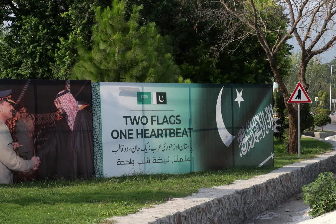 A billboard depicting Pakistan’s Army Chief Field Marshal General Asim Munir and Saudi Crown Prince Mohammed bin Salman  in Islamabad in September. 