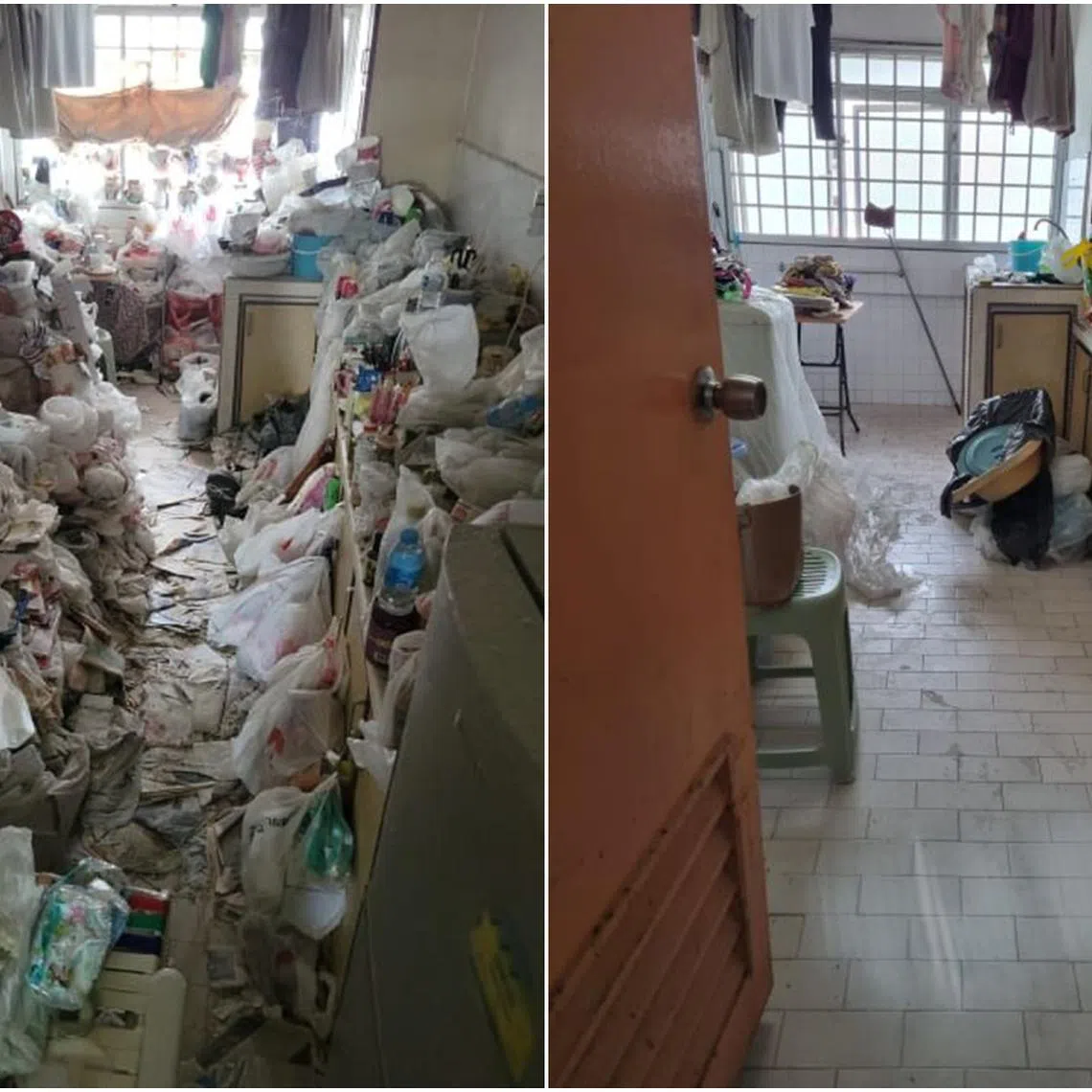 A residential unit before and after a clean-up session by volunteers from Habitat for Humanity Singapore.
