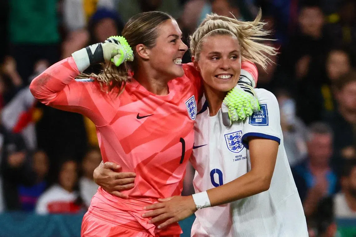 England goalkeeper Mary Earps and teammate Rachel Daly celebrating their victory after a penalty shoot-out success in the Women's World Cup last-16 football match against Nigeria at Brisbane Stadium on Monday.