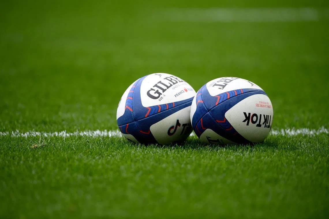 Official match balls are seen in the pitch prior to the Six Nations rugby union international tournament match.