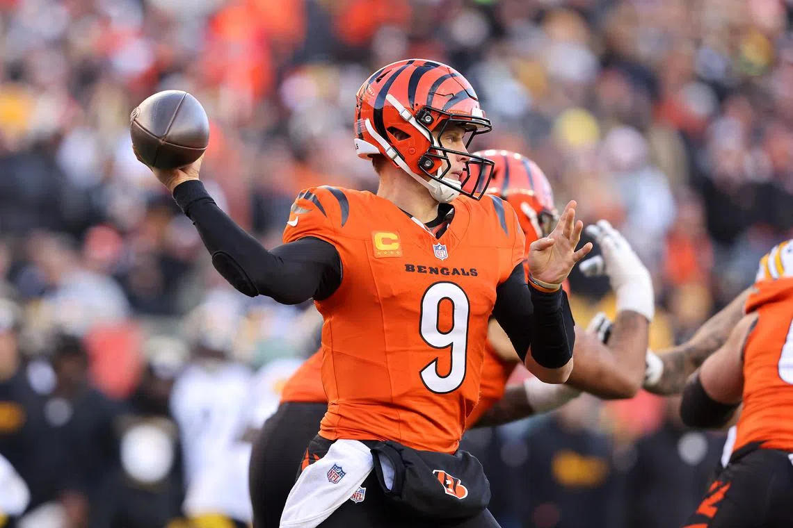 Dec 1, 2024; Cincinnati, Ohio, USA; Cincinnati Bengals quarterback Joe Burrow (9) drops to throw during the fourth quarter against the Pittsburgh Steelers at Paycor Stadium. Mandatory Credit: Joseph Maiorana-Imagn Images/ File Photo