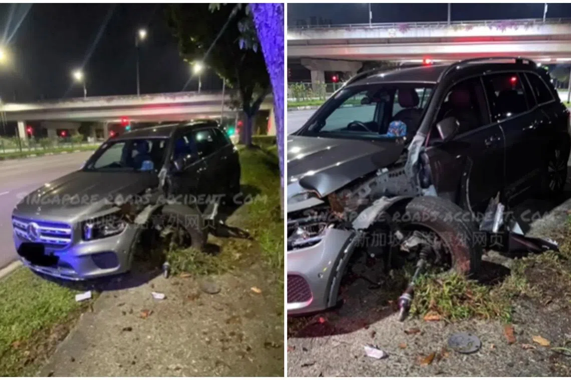 Photos of the aftermath show a black Mercedes with its front left wheel dislodged and damage on its front left side.