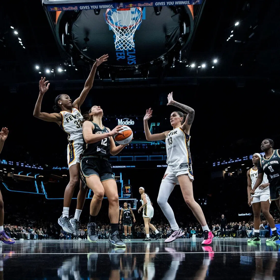The Indiana Fever taking on the New York Liberty during a pre-season matchup at Barclays Center on April 25, 2026.