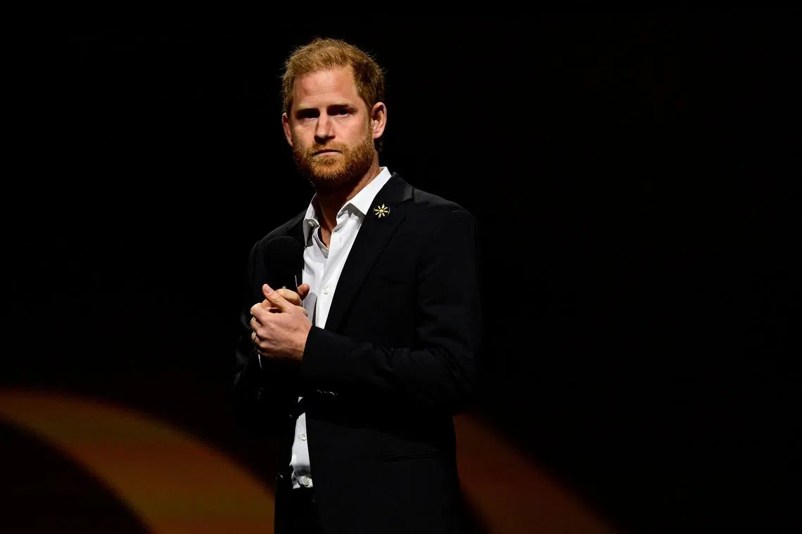 FILE PHOTO: Britain's Prince Harry looks on during the closing ceremony of the Invictus Games at Rogers Arena in Vancouver, British Columbia, Canada, February 16, 2025. REUTERS/Jennifer Gauthier/File Photo