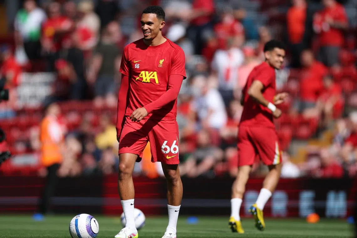 FILE PHOTO: Soccer Football - Premier League - Liverpool v Arsenal - Anfield, Liverpool, Britain - May 11, 2025 Liverpool's Trent Alexander-Arnold during the warm up before the match REUTERS/Phil Noble/File Photo