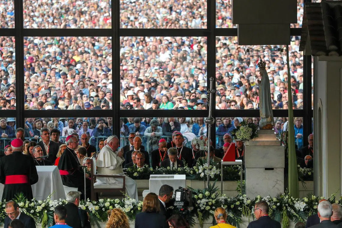 Pope Francis prays at the Chapel of the Apparitions at Shrine of Our Lady of Fatima, in Fatima,  Portugal, 05 August 2023. ANTONIO COTRIM/Pool via REUTERS