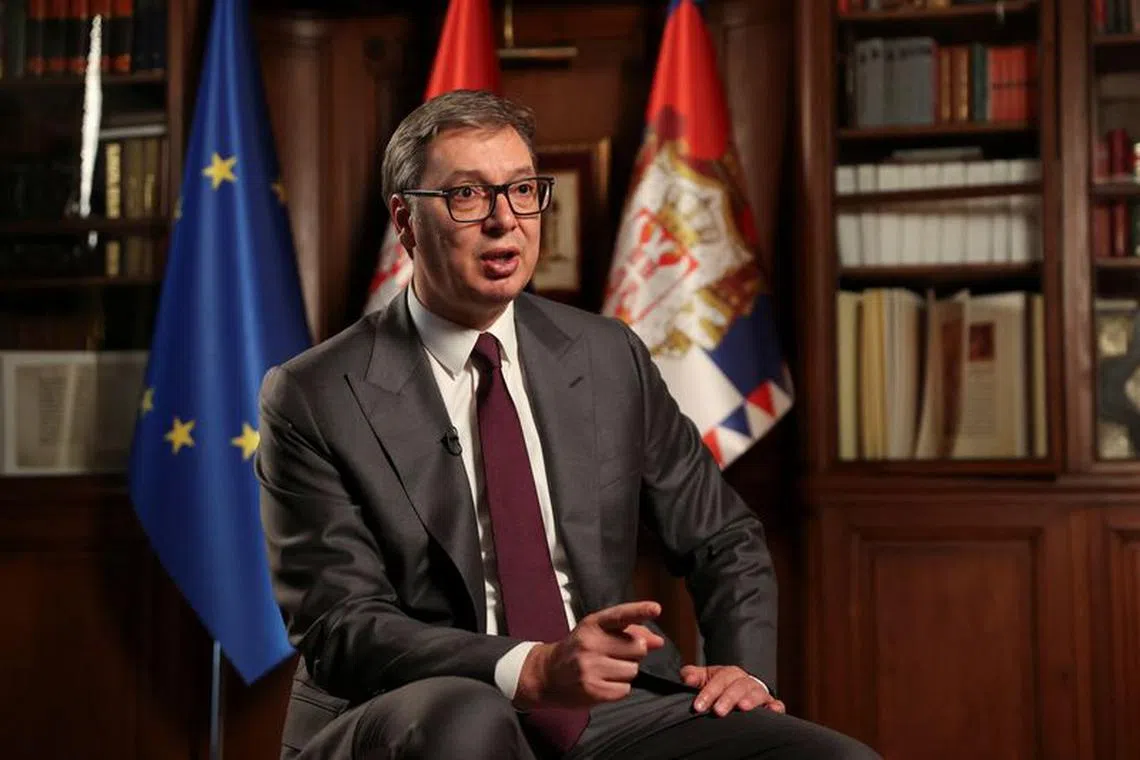FILE PHOTO-Serbian President Aleksandar Vucic speaks during an interview with Reuters in Belgrade, Serbia, September 28, 2023. REUTERS/Zorana Jevtic/File Photo