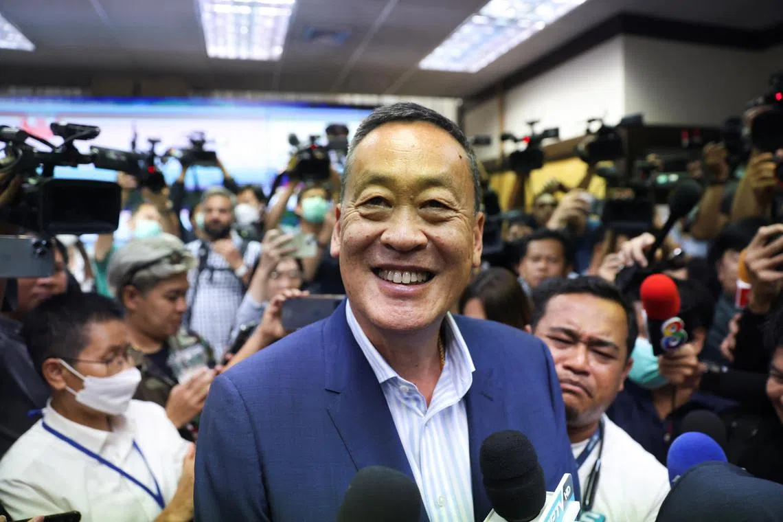 Pheu Thai's prime ministerial candidate, Srettha Thavisin who is the sole candidate nominated for a parliamentary vote, reacts while speaking to media at the party headquarters, in Bangkok, Thailand, August 22, 2023. REUTERS/Chalinee Thirasupa