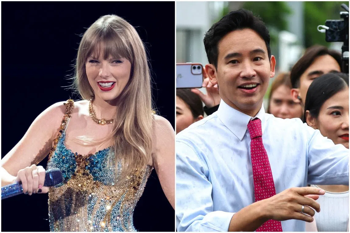 Thailand's potential PM Pita Limjaroenrat (right) appealed to Taylor Swift to perform in the country, after she cancelled her previous gig there in 2014.