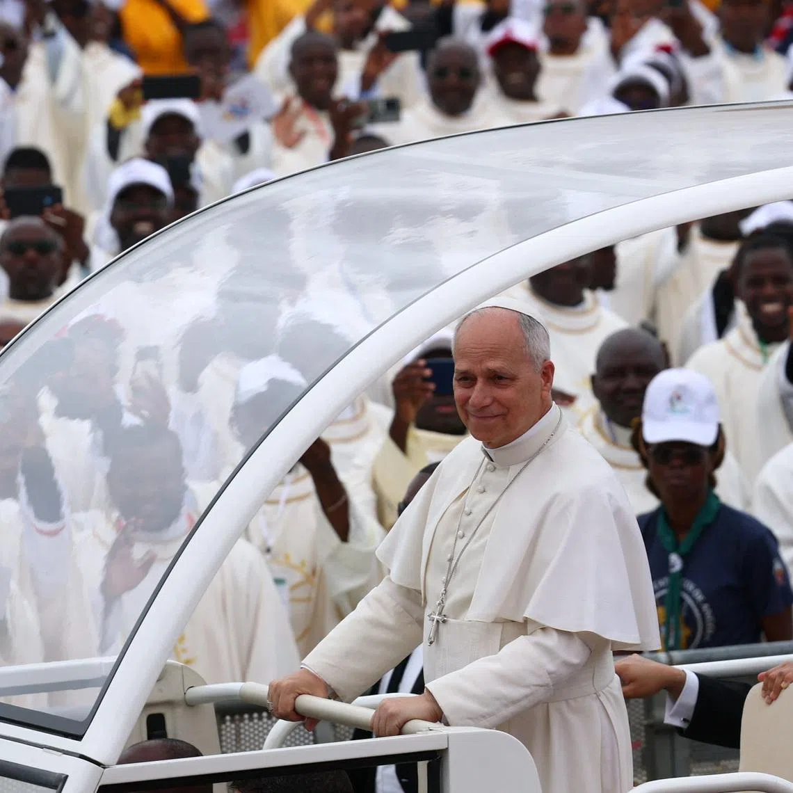 Pope Leo XIV arrives to lead a Holy Mass during his apostolic journey in Africa, in Kilamba, Luanda province, Angola, April 19, 2026. REUTERS/Guglielmo Mangiapane