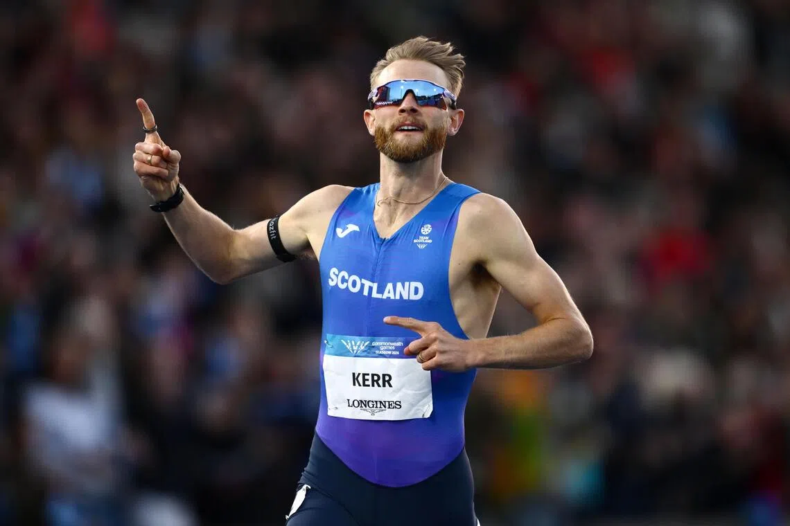 Scotland’s Josh Kerr celebrates winning gold in the men’s one mile final on Aug 1.