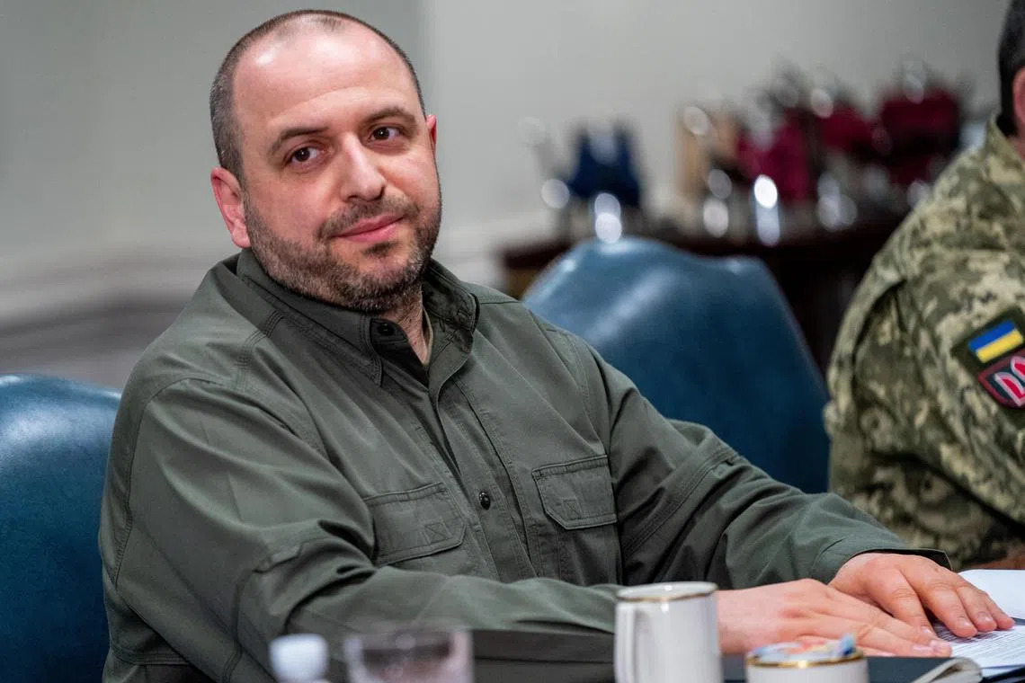 Ukrainian Defense Minister Rustem Umerov delivers at a meeting with US Secretary of Defense Lloyd Austin to the Pentagon on Dec 6.