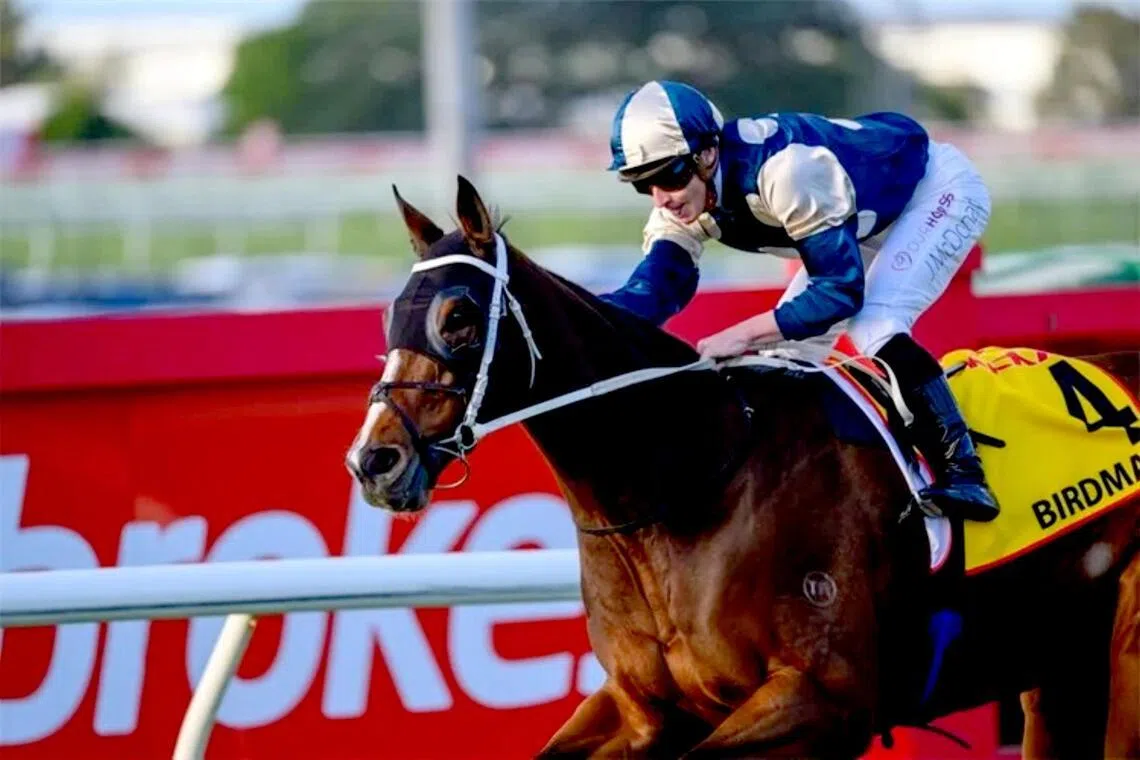 Birdman (James McDonald) claiming the Group 1 Doomben Cup (2,000m) on May 23.
