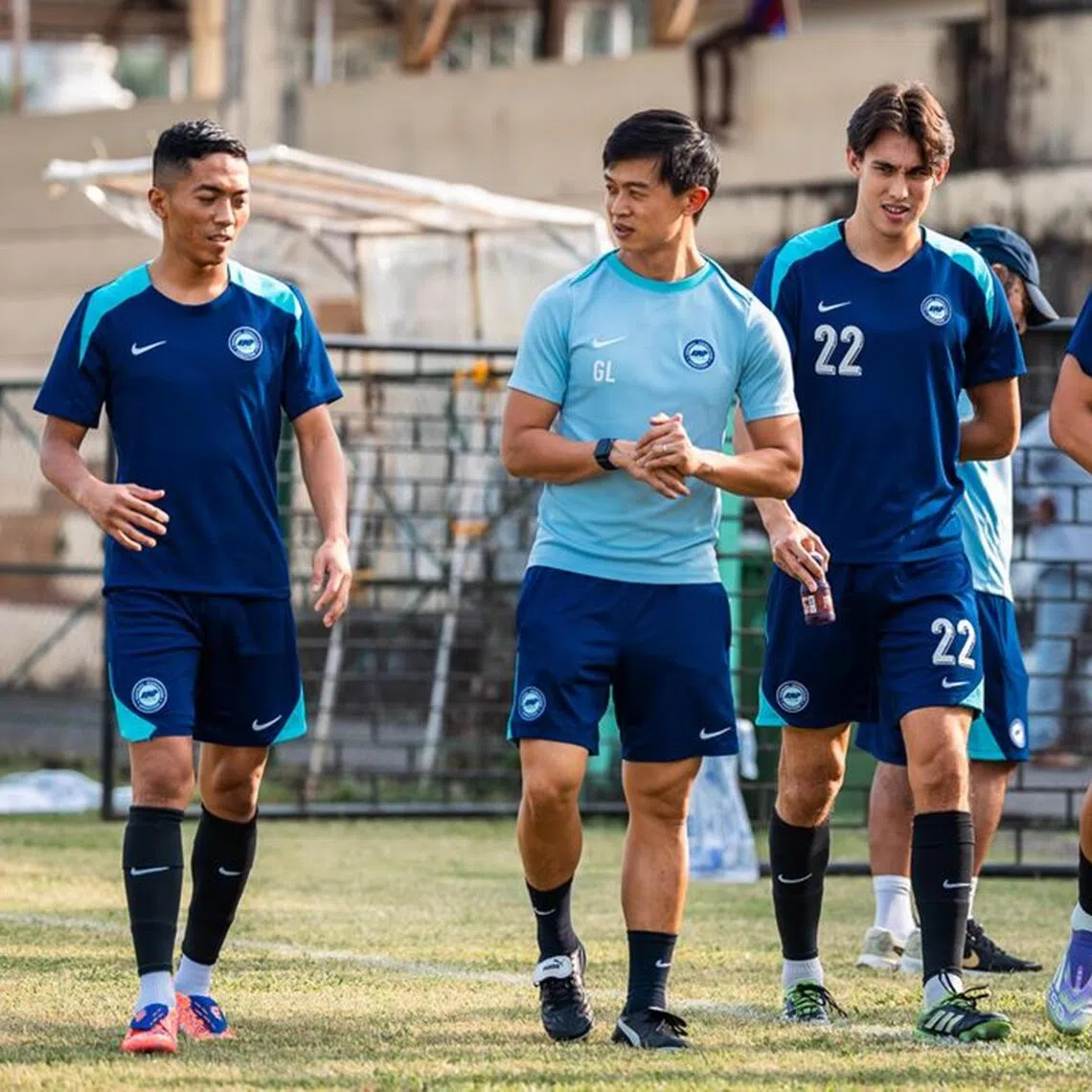 (from left) Lions striker Shawal Anuar, interim head coach Gavin Lee, midfielder Jacob Mahler and striker Ikhsan Fandi  training ahead of their Asian Cup qualifier against India.