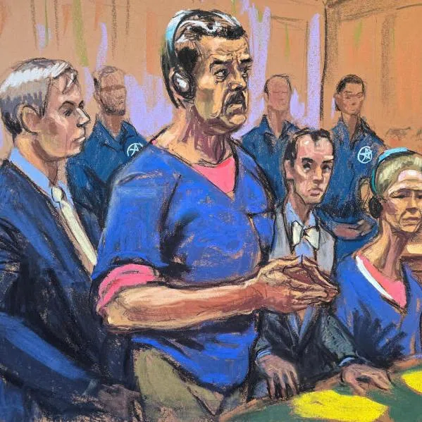 A sketch showing Nicolas Maduro and his wife Cilia Flores attending their arraignment with defence lawyers Barry Pollack and Mark Donnelly at the court.
