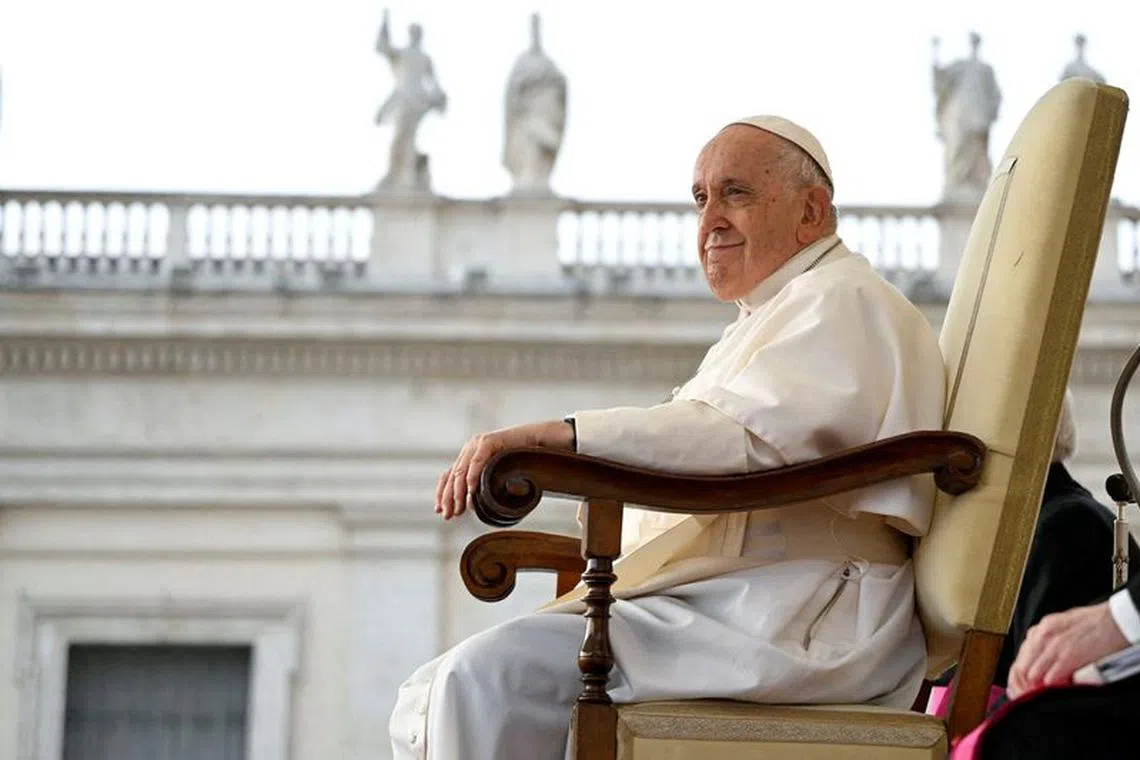 FILE PHOTO: Pope Francis leads the weekly general audience in Saint Peter's Square at the Vatican, October 18, 2023. Vatican Media/­Handout via REUTERS/File Photo