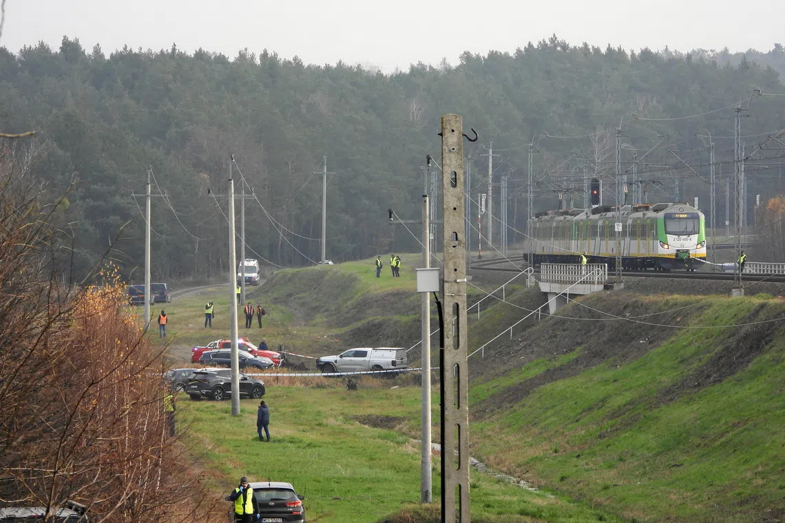 The site of the blast on the railways on the Warsaw-Lublin line in Mika, Poland, November 16, 2025.  Dariusz Borowicz/Agencja Wyborcza.pl via REUTERS