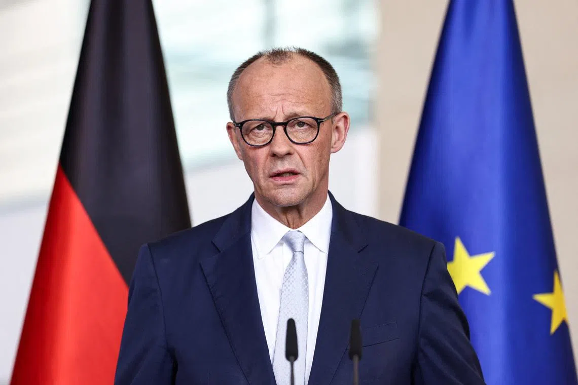 German Chancellor Friedrich Merz speaks to the media about the current developments in domestic and foreign politics, in Berlin, Germany, April 9, 2026. REUTERS/Nadja Wohlleben