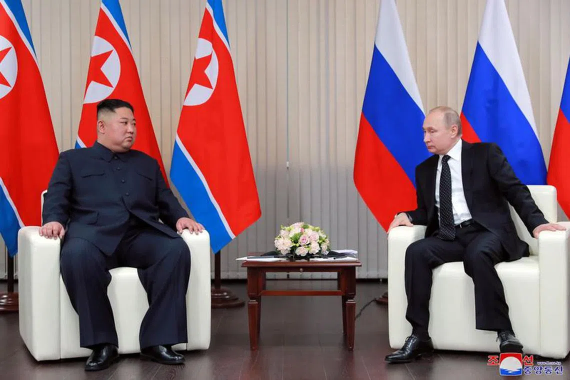 North Korean leader Kim Jong Un meets with Russian President Vladimir Putin in Vladivostok, Russia in this undated photo released on April 25, 2019 by North Korea's Central News Agency (KCNA). KCNA via REUTERS