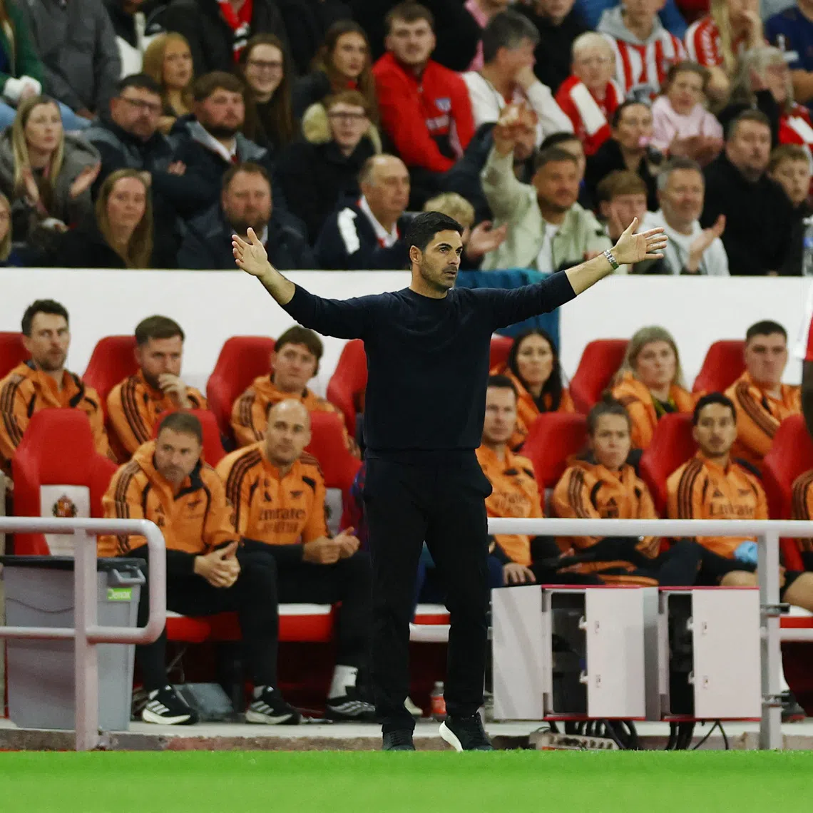 Arsenal manager Mikel Arteta reacting in their 2-0 win over Sunderland on Sept 12. His side were accused of time-wasting in their match against Brighton in March.