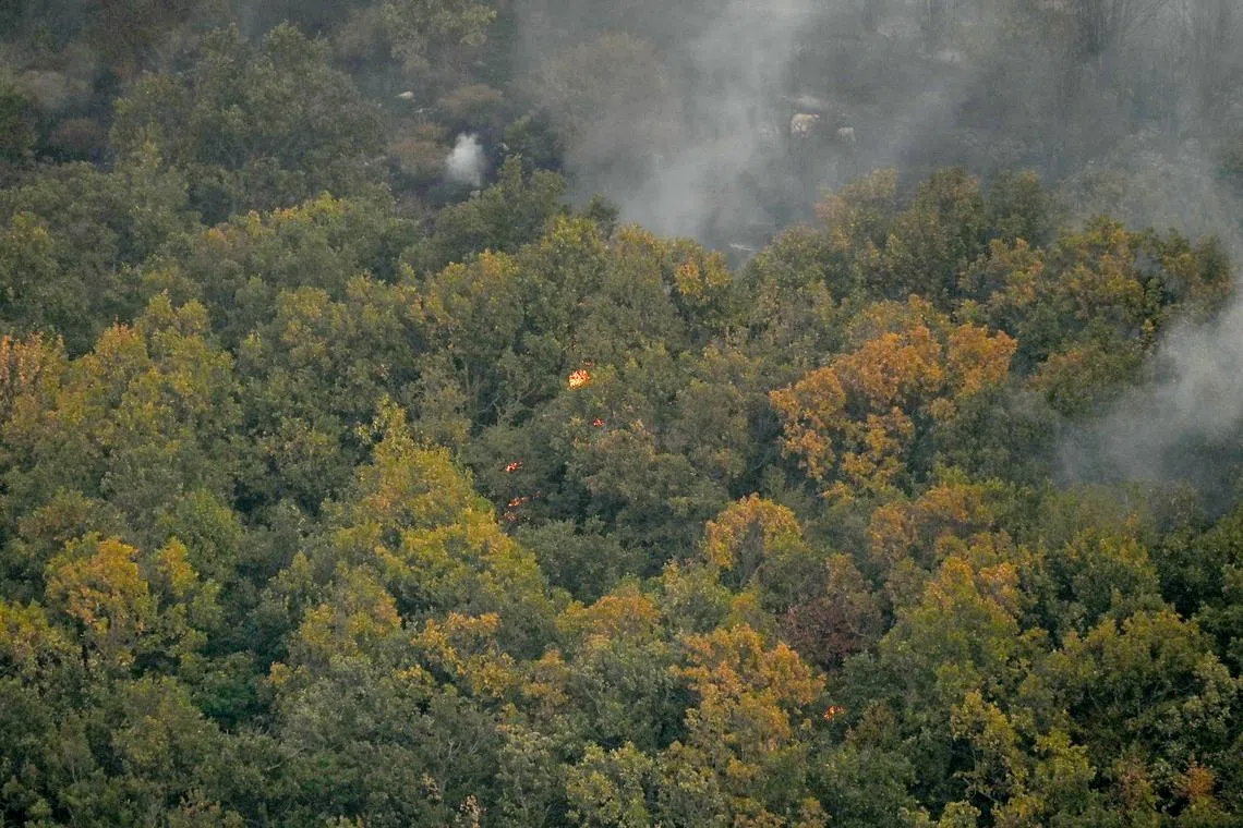 A firefighting helicopter operates during efforts to put out wildfire in the area of Leptokarya,  Greece.